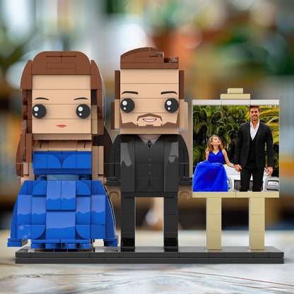 Full Body Customizable 2 People Dad And His Daughter In Perfect Blue Dress Photo Frame Personalized Custom Brick Figures Small Particle Block Toy Personalized For Father's Day