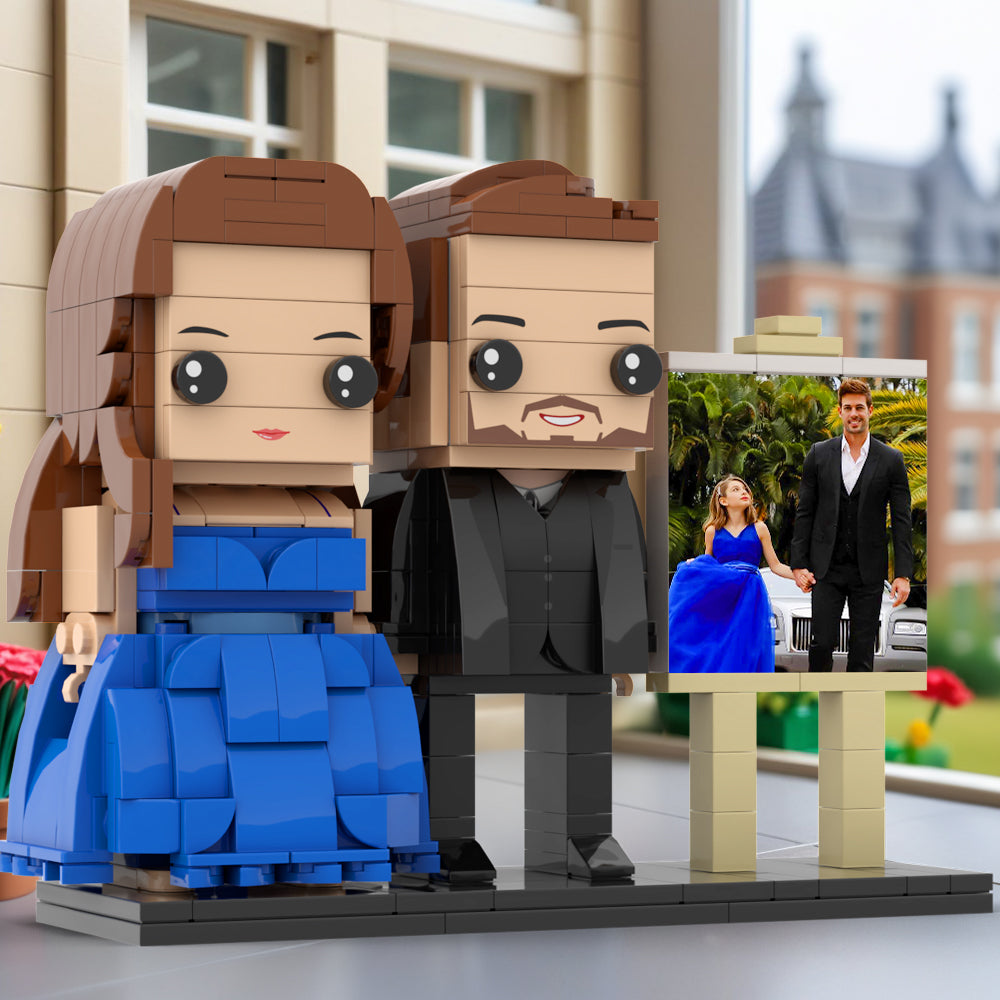 Full Body Customizable 2 People Dad And His Daughter In Perfect Blue Dress Photo Frame Personalized Custom Brick Figures Small Particle Block Toy Personalized For Father's Day