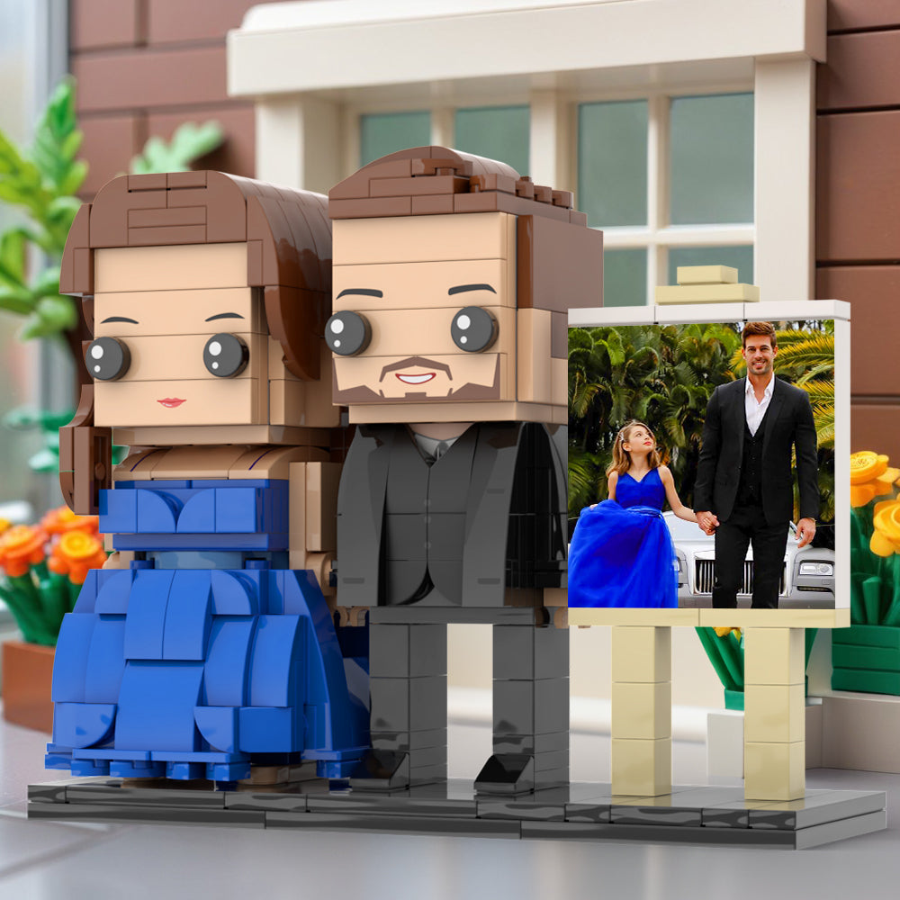 Full Body Customizable 2 People Dad And His Daughter In Perfect Blue Dress Photo Frame Personalized Custom Brick Figures Small Particle Block Toy Personalized For Father's Day