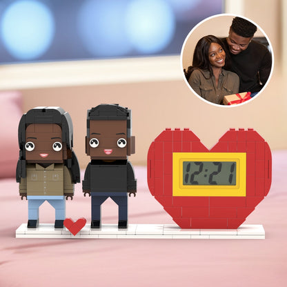 Practical Couple Gift Personalized Waking Up Alarm Brick Figure Gift For Couples On Valentine's Day Square Face Black Couple Style Small Particle Block Gift For Lovers