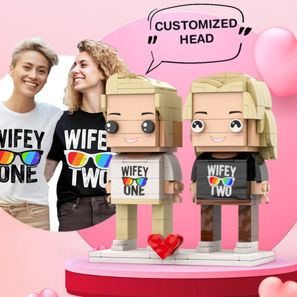 Valentine's Day 2 Girls Wifey1 Wifey 2 Couple Matching Shirt Brick Figures Personalized Couples Brick Figures Small Particle Block