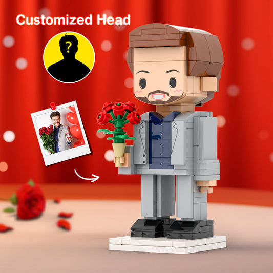 Boy Holding Rose Valentine's Day Gift Custom Head Brick Figures Personalized Brick Figures Small Particle Block