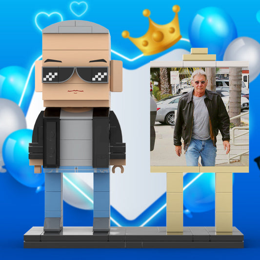 Full Body Customizable 1 Person Cool Grey Hair Daddy Street Photo With Classic Outfit Custom Brick with Frame Figures Small Particle Block Toy Brick Me Figures For Father's Day