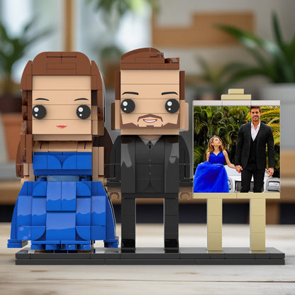 Full Body Customizable 2 People Dad And His Daughter In Perfect Blue Dress Photo Frame Personalized Custom Brick Figures Small Particle Block Toy Personalized For Father's Day