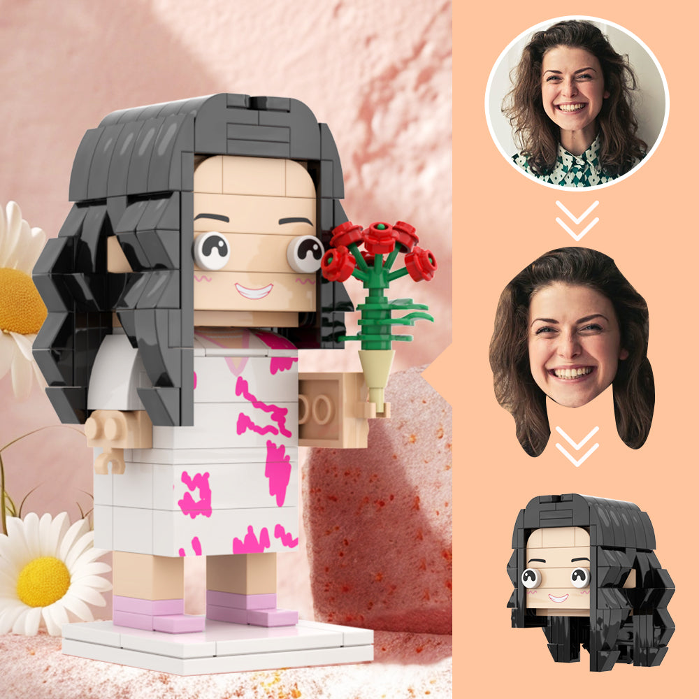 Gift For Mom Customizable Head Brick Figures Gentle mother holding flowers in hand