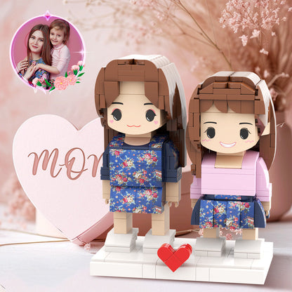 Mother's Day Daughter Mother Pretty Matching Blue Dress Customizable Head 2 People Custom Brick Figures Gift for Mom On Mother's Day