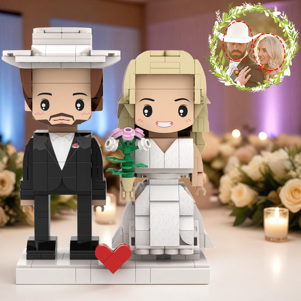 West Cowboy Style Suit And White Wedding Dress Customizable Round Head Custom Brick Figures for Married Couple On Wedding Anniversary