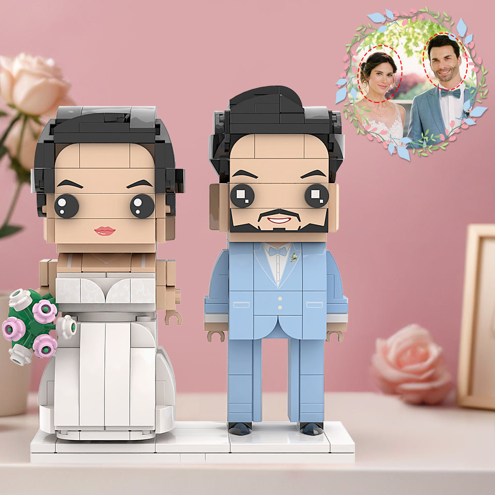 Light Blue Suit With Corsage And Snow White Wedding Dress Couple Brick Figures Personalized Head Brick Figures Small Particle Block for Wedding Anniversary Souvenir