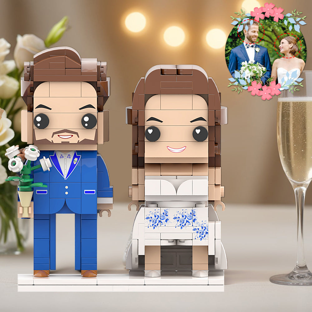 Ocean Blue Suit And Blue Pattern Wedding Dress Couple Brick Figures Personalized Head Brick Figures DIY for Wedding Anniversary Souvenir